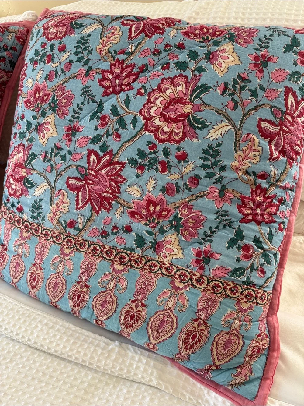 Pottery Barn Shannon Reversible Quilted Floral Pillow Shams Blue Pink Euro 26x26